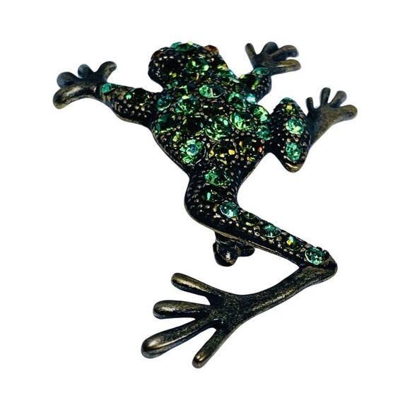 Green Crystal Frog Brooch Pin 3" Toad Whimsical Figural - Picture 7 of 10